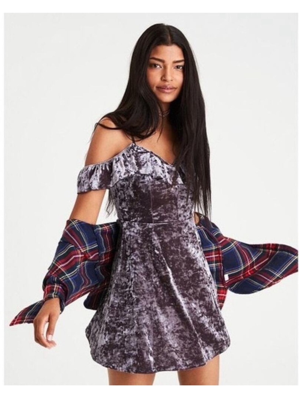 American Eagle Velvet Off-Shoulder Dress in Charcoal Gray (S)